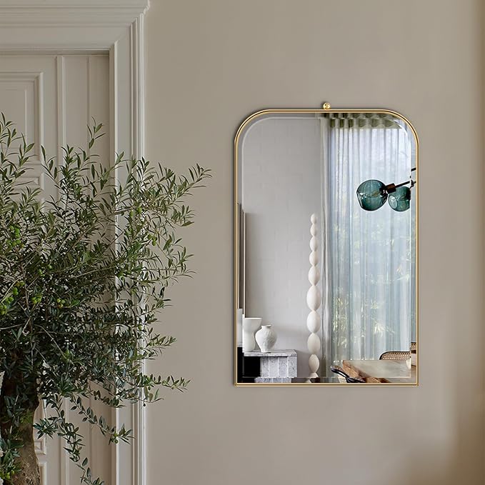 POZINO Brushed Gold Beveled Mirror, 20"x30" Bathroom Vanity Mirror with Stainless Steel Frame, Modern Rectangle Aesthetic Wall Mirrors for Entryway Hallway Bedroom Living Room Fireplace