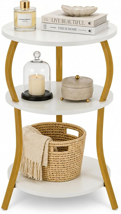 Vintage Small Round Side Table, 3-Tier Slim Waist Circular End Table with Storage Shelf, Compact Tea Sofa Table, Round Corner Coffee Table Nightstand for Living Room Bedroom Small Spaces,White+ Gold