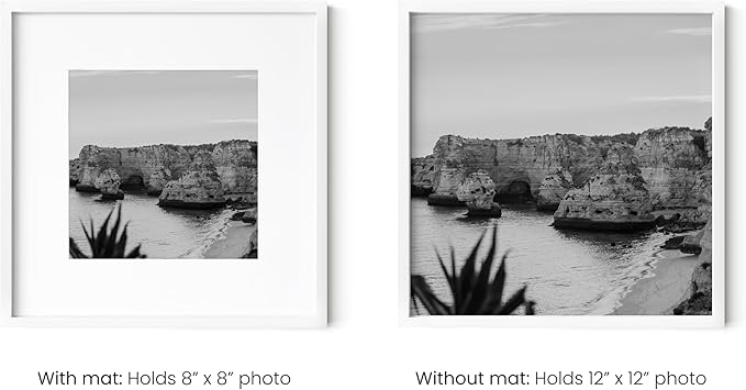 HAUS AND HUES 12x12 White Aluminum Frame Set of 6 - Matted to 8x8, Hanging Hardware, Shatterproof Plexiglass (12x12 in, White)