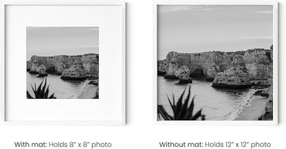 HAUS AND HUES 12x12 White Aluminum Frame Set of 6 - Matted to 8x8, Hanging Hardware, Shatterproof Plexiglass (12x12 in, White)