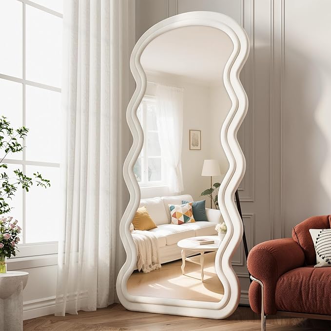 Wavy Full Length Mirror, 71"x32" Flannel Mirrors Full Length with Stand, Full Boby Mirrors for Bedroom, Living Room, Cloakroom, Hanging Leaning Wall Mirror, White