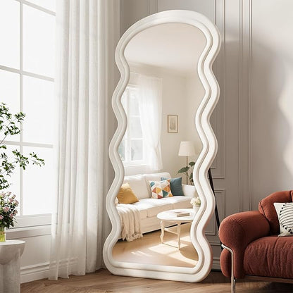 Wavy Full Length Mirror, 71"x32" Flannel Mirrors Full Length with Stand, Full Boby Mirrors for Bedroom, Living Room, Cloakroom, Hanging Leaning Wall Mirror, White