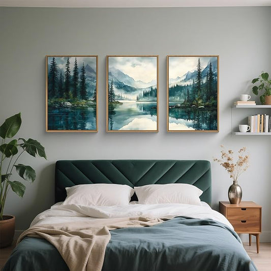 HLNIUC Green Foggy Forest Mountain Wall Art Framed,Large Boho Watercolor Pine Tree Wall Decor set of 3 (24"x36"), Nature Dark Lake Landscape Scenery Canvas Painting for Living Room, Bedroom, Office