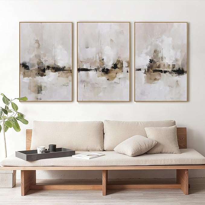 Abstract Neutral Textured Framed Canvas Wall Art Set, Minimalist Wall Decor Art Prints, Modern Gray Beige Wall Painting Artwork for Living Room,Bedroom,Dining Room,Office, 16"x24"x3