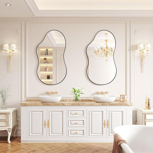 WEER Irregular Wall Mirror, 20x36 inch Black Asymmetrical Mirror Wall Mounted Mirrors Decorative, Abstract Wavy Aluminum Alloy Frame Bathroom Mirror, Bedroom, Living Room, Entryway