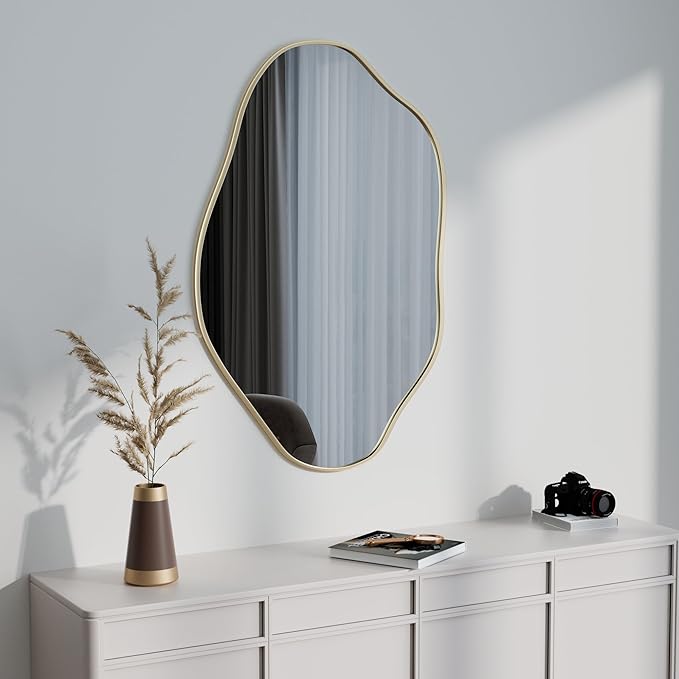 24"x36" Irregular Wall Mirror Cloud Asymmetrical Shaped Gold Aluminum Alloy Framed Mirror for Living Room Bathroom Bedroom Entryway Fireplace
