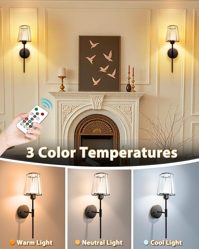 Adetu Crystal Battery Operated Wall Sconces Set of Two, Gold Rechargeable Wall Lights with 10000mAh Dimmable Magnetic Bulb, RGB Rechargeable Battery Wall Sconce with Remote Control for Bedroom Decor