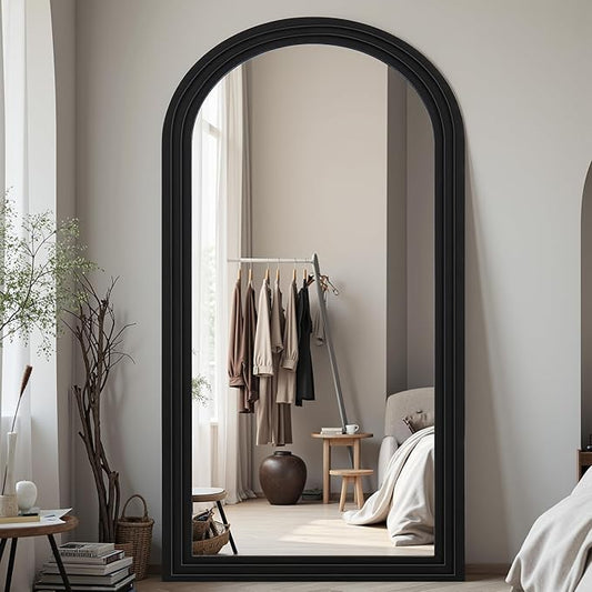 Full Length Mirror, 81"x41" Wooden Mirror Full Length with Stand Wood Floor Mirror, Oversized Stand Up Mirrors Large Wall Mirrors, Wall Mounted Mirrors, Arched Wood Style, Black