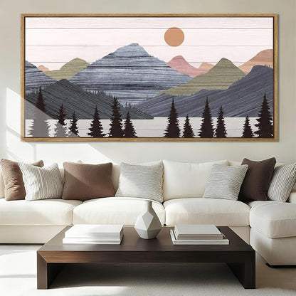 Framed Mountain Wall Art Pine Tree Forest Wall Decor Modern Mountain Range Painting 20x40 Inch for Living Room Bedroom Dining Room