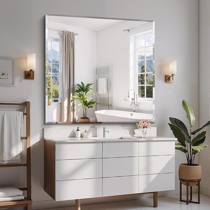 CILIBER Beveled Mirror, 42x42 Inch Frameless Bathroom Mirrors for Wall, 3mm Tempered Glass, Upgraded Shatterproof Square Vanity Mirror Over Sink for Bathroom, Bedroom, Living Room and Entryway