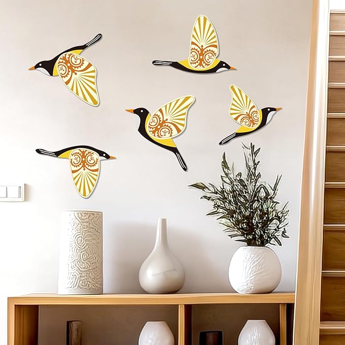 KOYILTD 5 Piece Bird Wood Wall Sculptures Wooden Wall Art Decor Scandinavian Home Decorations Flying Bird Wall Decor Farmhouse Wall Art for Home Living Room Bathroom Dining Room (Yellow)