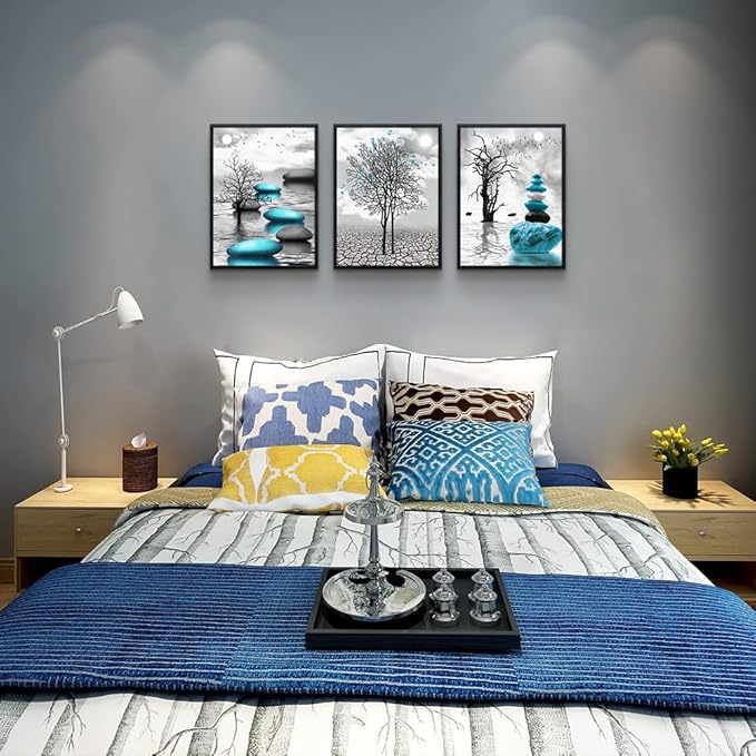 Black Framed Canvas Wall Art for Living Room Wall Decor for Bedroom Bathroom Black and White Paintings Modern 3 Piece Framed Canvas Art Prints Ready to Hang Abstract Blue Pictures Home Decorations