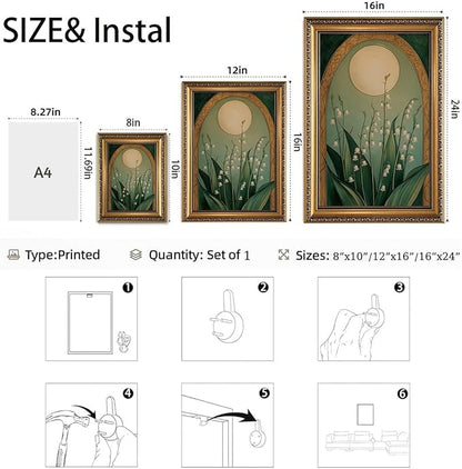 WZGZXU Vintage Gold Framed Wall Art Nouveau Botanical Wall Decor Lily Of The Valley Canvas Art Boho Pictures Floral And Moon Painting Moody Flowers Prints For Living Room Bedroom Bathroom