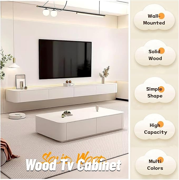 Modern Wall-Mounted Wooden TV Cabinet with Drawers & Cable Management, Stylish Entertainment Center, White Media Console Table, Space-Saving TV Stand (A, 160x24x20cm)