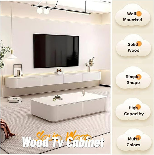 Modern Wall-Mounted Wooden TV Cabinet with Drawers, Media Console Table, Entertainment Center, Cable Management, White Finish (C, 160x24x20cm)