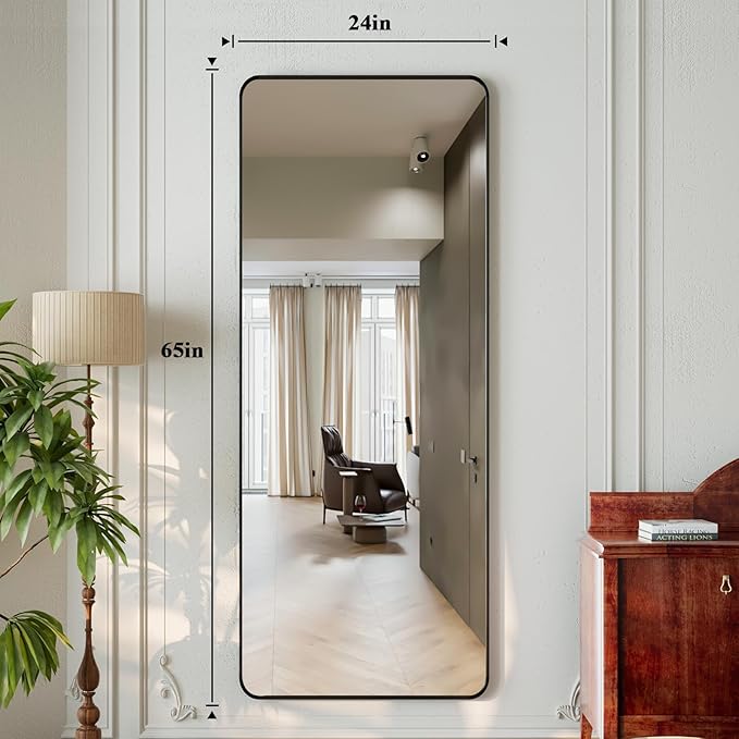 XRAMFY 65"x24" Floor Full Length Mirror Standing Full Body Rounded Corner Rectangle Mirrors with Stand Hanging Wall Mounted Leaning Bedroom Living Room Bedroom Cloakroom,Black