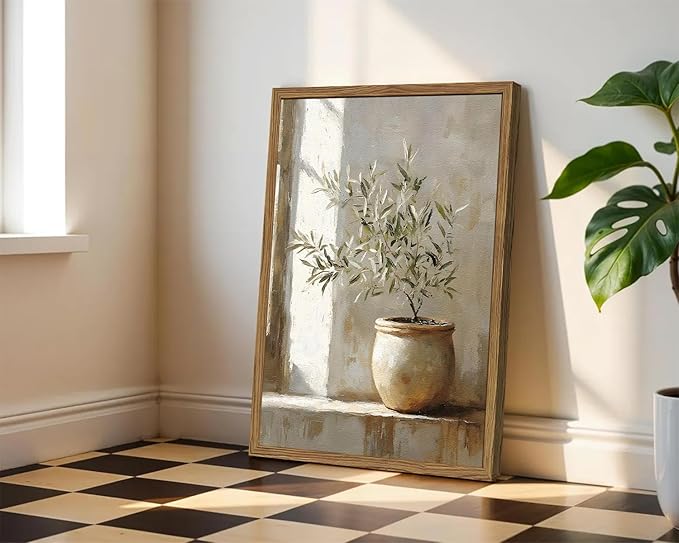 Framed Vintage Olive Tree Wall Art, Textured Sandstone Botanical Pictures Wall Decor, Rustic Neutral Potted Plant Paintings Prints Aesthetic Farmhouse Home Decor for Living Room Bedroom 12x16 inch