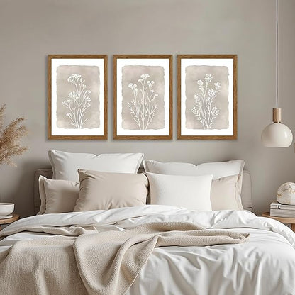 JLTULT 3 Piece Boho Beige Floral Wall Art, Minimalist Line Botanical Flower Wall Decor, Vintage Rustic Wildflower Art Prints for Living Room Bedroom Office Farmhouse decoration 20x30 in Ready to Hang