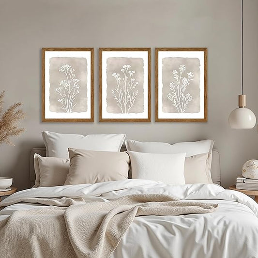 JLTULT 3 Piece Boho Beige Floral Wall Art, Minimalist Line Botanical Flower Wall Decor, Vintage Rustic Wildflower Art Prints for Living Room Bedroom Office Farmhouse decoration 20x30 in Ready to Hang