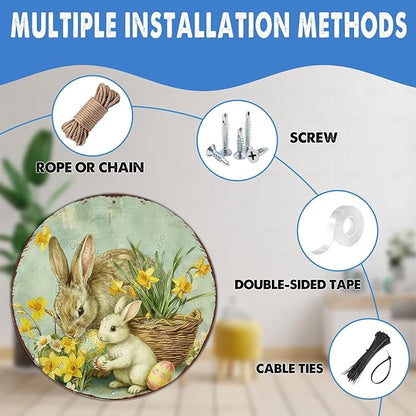 Easter Floral Wreath Metal Sign Round Bunny Design Rustic Farmhouse Decor For Spring Home Door Wall Seasonal Display 12X12Inch