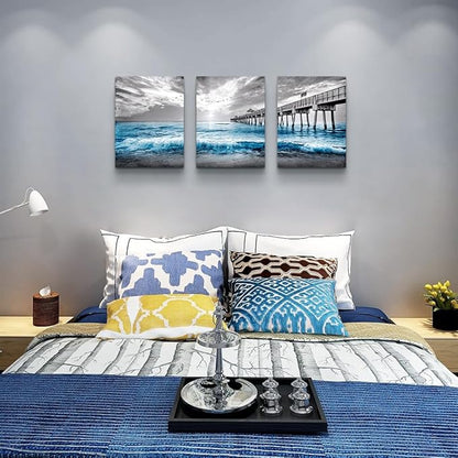 Large Framed Canvas Wall Art - Black And White Blue Ocean Sea Wave Pictures - Modern Wall Decor For Living Room, Bedroom, Office