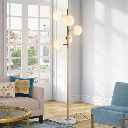 BOKT Gold Mid Century Modern Floor Lamp 5-Lights Glass Globe Floor Lamp Antique Brass Floor Lamps Contemporary Tall Free Standing Reading Lamp for Bedroom Living Room