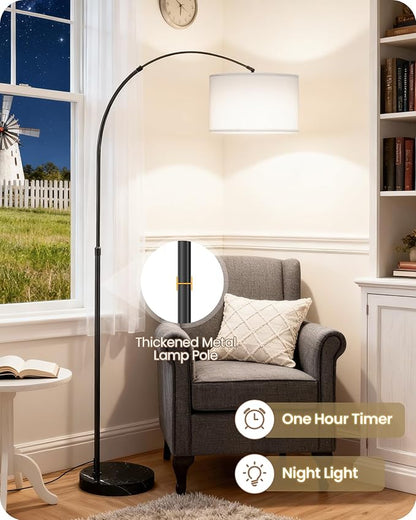 75" Arc Floor Lamp with Marble Base and Adjustable Height, Rotating Hanging Shade, Dimmable Floor Lamp for Living Room with Remote and Foot Switch, 3CCT, Over Couch Arched Light, White Shade W15LD05