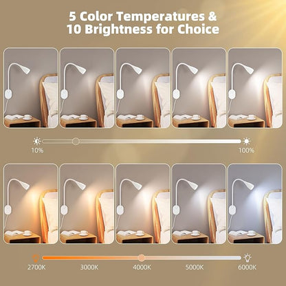 LiFMIRA Wall-Mounted LED Bedside Reading Light with USB Charging Port, 10-Level Dimmable & Adjustable 5 Color, Plug-in Adhesive Night Lamp for Books in Bed, Eye-Caring Bedroom Lighting (White)
