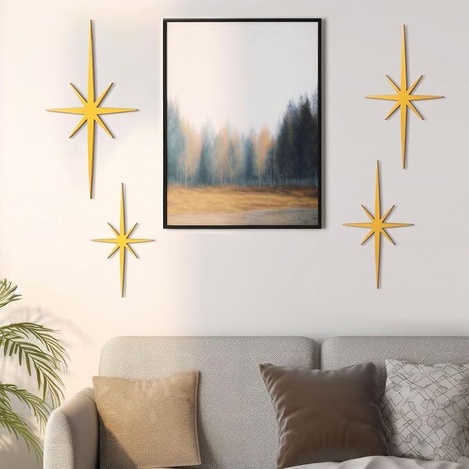 Blulu 4 Pcs Cast Iron Starburst Shaped Wall Decor Metal Mid Century Modern Decor Retro Atomic Stars Wall Art Elegance Accents Vintage Celestial Whimsigoth Hangings for Home Office Room(Gold)