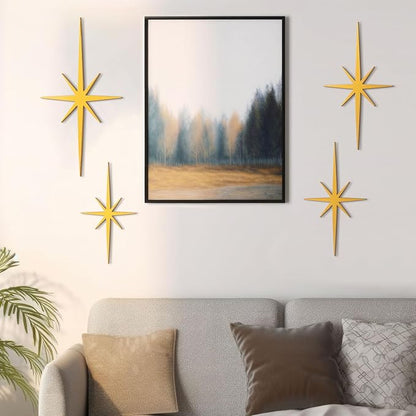 Blulu 4 Pcs Cast Iron Starburst Shaped Wall Decor Metal Mid Century Modern Decor Retro Atomic Stars Wall Art Elegance Accents Vintage Celestial Whimsigoth Hangings for Home Office Room(Gold)