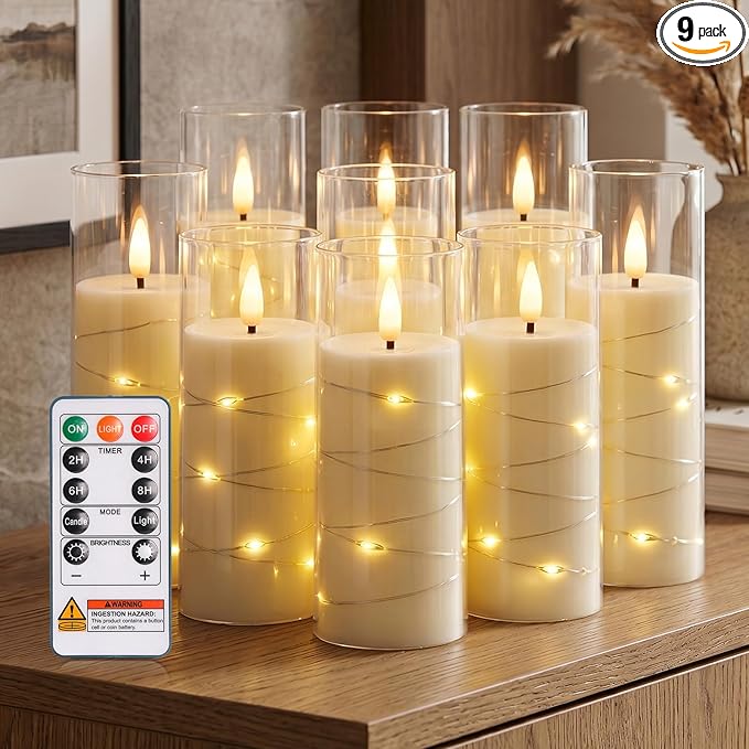 Homemory Flameless Candles with Remote Timer, Clear Acrylic Flickering LED Pillar Candles with Embedded Fairy String Lights, Battery Operated Candles for Wedding Fireplace Lantern Home Decor, Set of 9