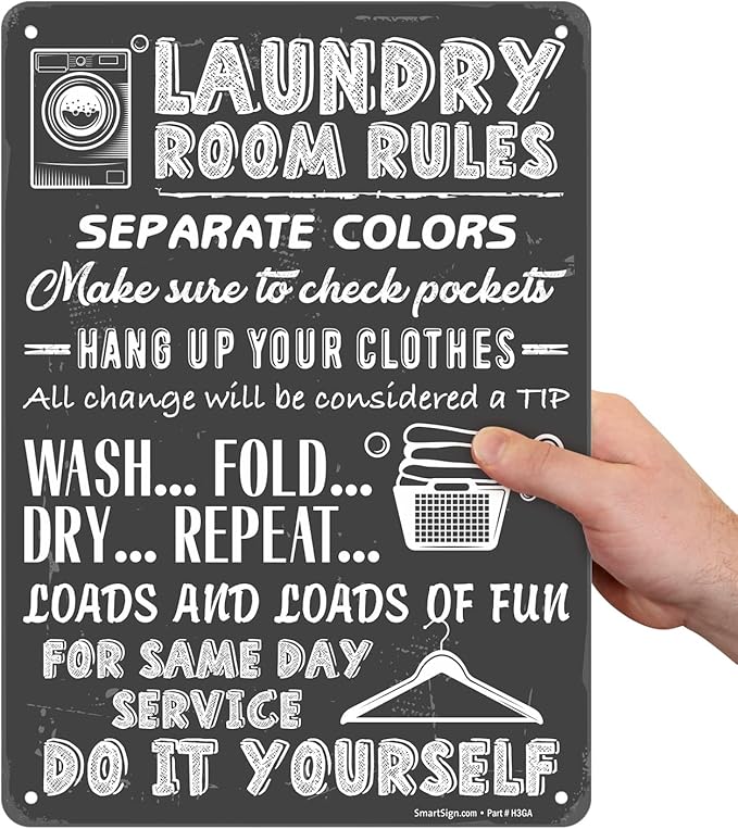 SmartSign Large Laundry Room Rules Sign, “Separate Colors, Check Pockets, Change Considered Tip” Metal Sign, 14 x 10 inch, 40 mil Laminated Rustproof Aluminum, Chalkboard Pattern Background, USA-Made