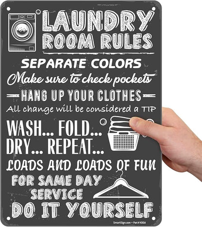 SmartSign Large Laundry Room Rules Sign, “Separate Colors, Check Pockets, Change Considered Tip” Metal Sign, 14 x 10 inch, 40 mil Laminated Rustproof Aluminum, Chalkboard Pattern Background, USA-Made