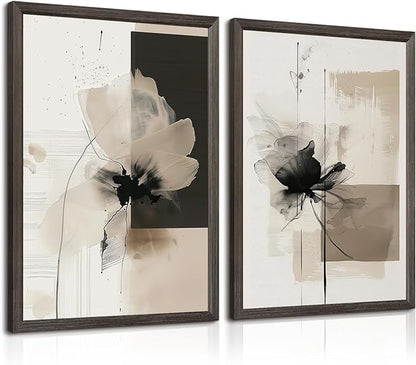 Tocliky Modern Abstract Floral Wall Art Minimalist Neutral Canvas Painting Decor Beige Cream And Black Wall Art Contemporary Flower Picture Prints for Living Room Bedroom 12x16 Inch Framed Set of 2