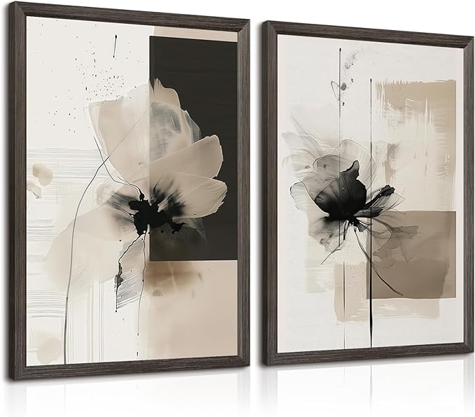 Tocliky Modern Abstract Floral Wall Art Minimalist Neutral Canvas Painting Decor Beige Cream And Black Wall Art Contemporary Flower Picture Prints for Living Room Bedroom 16x24 Inch Framed Set of 2