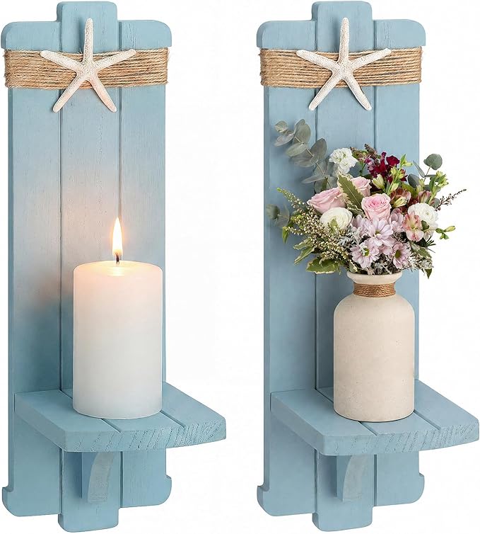 Alphatool Farmhouse Wall Decor Candle Sconces - 2 Pcs Vintage Rustic Handmade Wooden Wall-Mount Candle Holders for Bedroom Livingroom Home Hanging Art Decorations Accessories Gifts, Blue