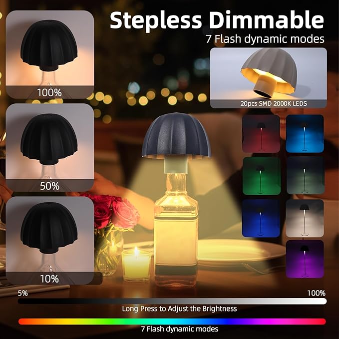 Modern 2-in-1 Table Lamp & Bottle Lamp, Pleated Metal Shade Touch Control Lamp | Adjustable Height, Warm Light & RGB, Stepless Dimming, Anti-Tip Design,Umbrella,Black