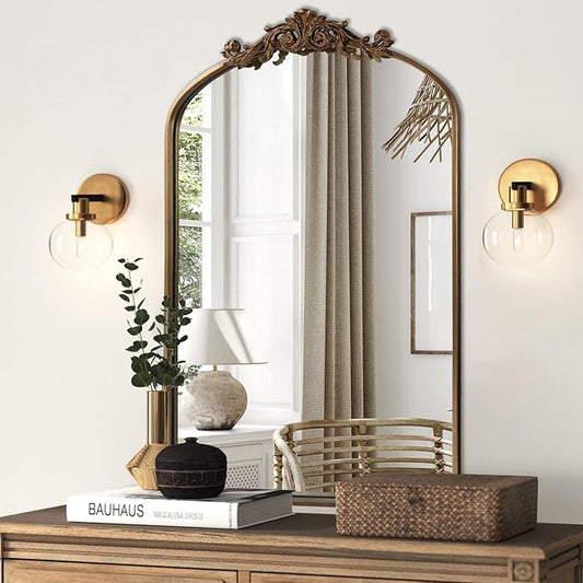 HQiJun Antique Gold Arched Baroque Mirror 24x36 - Brass Finish Metal Frame, Intricately Carved Vertical Wall Mirror for Entryway, Living Room, Bathroom Vanity & Dining Room