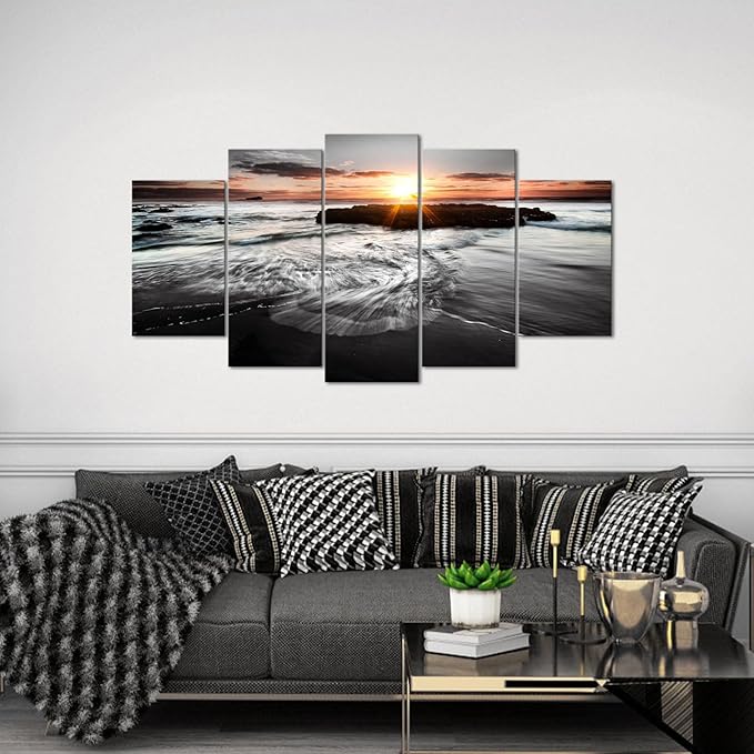 SkenoArt 5 Panels Large Ocean Beach Pictures Canvas Wall Art Modern Black and White Gold Sunset Seascape Artwork for Living Room Home Office Wall Decor Ready to Hang