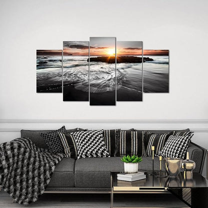 SkenoArt 5 Panels Large Ocean Beach Pictures Canvas Wall Art Modern Black and White Gold Sunset Seascape Artwork for Living Room Home Office Wall Decor Ready to Hang