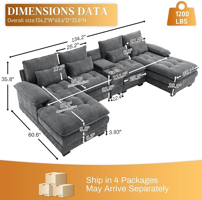 134" U Shaped Sectional Couches for Living Room,Modern Chenille 6 Seat Living Room Sofa Set with Storage Console,Oversized Modular Sectional Fluffy Couch with Tufted Buttons & Chaise Lounge,Grey