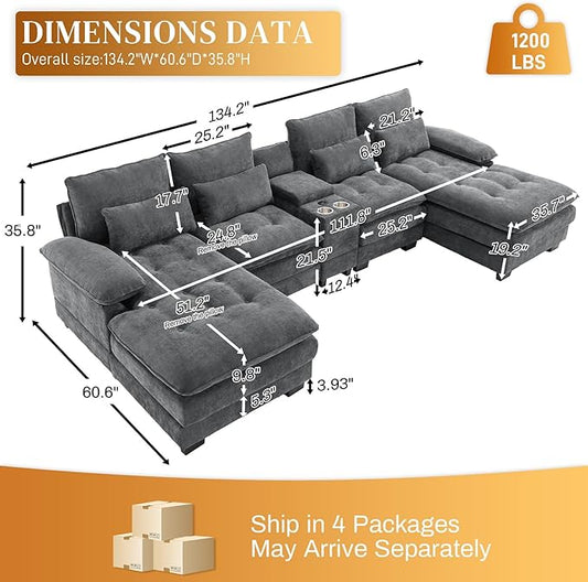 134" U Shaped Sectional Couches for Living Room,Modern Chenille 6 Seat Living Room Sofa Set with Storage Console,Oversized Modular Sectional Fluffy Couch with Tufted Buttons & Chaise Lounge,Grey