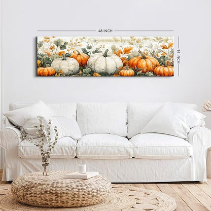Pumpkin Canvas Wall Art Fall Picture Botanical Wall Decor for Kitchen Living Room, Rustic Flowers Scenic Prints Painting Holiday Decorations Watercolor Autumn Flowers Painting Poster Artwork 14x48”