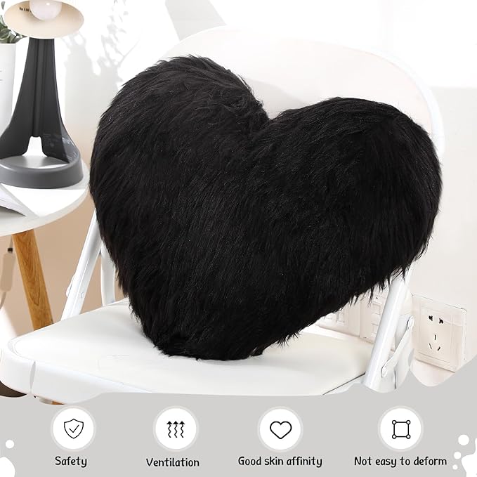 Enhon 2 Pcs Fluffy Heart Pillows Faux Fur Heart Shaped Plush Pillow Soft 20 x 15.7 Inch Love Throw Pillows with Insert for Decorative Office Home Bedroom Living Room Sofa(Black)