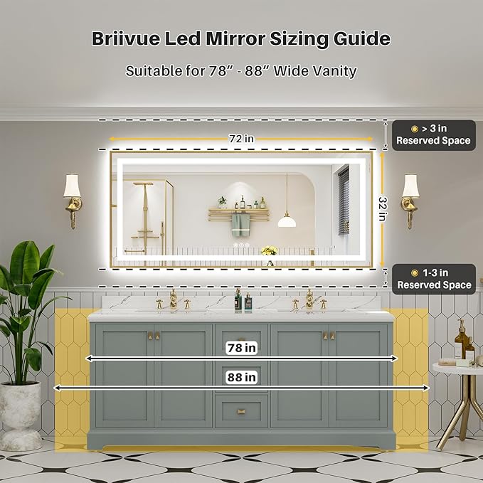 72x32 Inch LED Bathroom Mirror with Gold Frame, Backlit & Front Lit, Lighted Wall Mirrors for Bathroom Vanity, Touch Screen Dimmable, Anti-Fog, Memory Function, HD Tempered Glass, Shatter-Proof