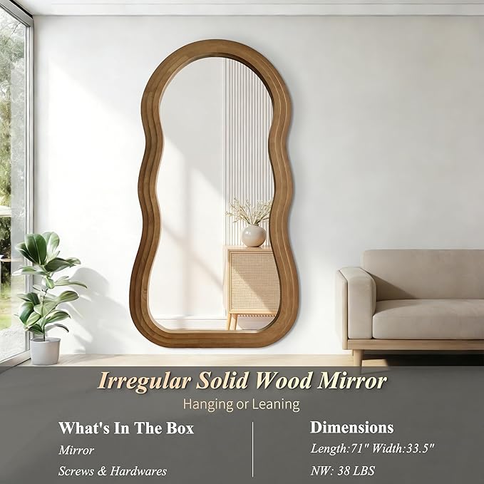 Wavy Full Length Mirror, 71"x33.5" Oversized Aesthetic Floor Mirrors with Triple Layer Solid Wood Frame, Premium Organic Full Body Mirror for Living Room Entryway Cloakroom, Leaning/Hanging
