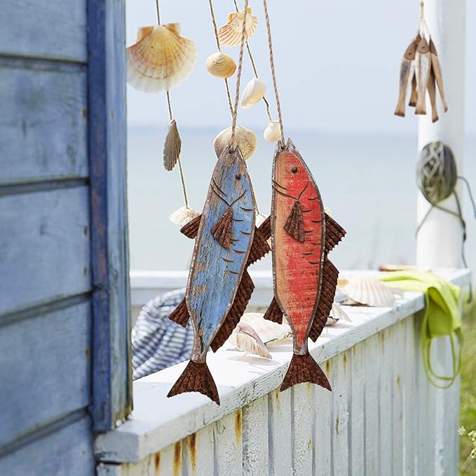 Wooden Fish Hanging Wood Decor for Wall, Rustic Nautical Beach Theme Home Decoration Sculpture Home Decor for Bathroom Bedroom Lake House Decoration
