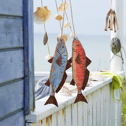 Wooden Fish Hanging Wood Decor for Wall, Rustic Nautical Beach Theme Home Decoration Sculpture Home Decor for Bathroom Bedroom Lake House Decoration