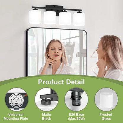 Honesorn 4-Light Vanity Lights, Matte Black with Frosted Shade & Nickel Finish, Modern Bathroom Over Mirror Lighting