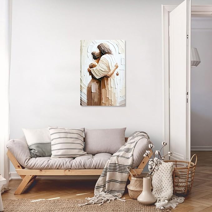 KADEYEE Jesus Embracing Woman Canvas Wall Art Woman Lying Safely In The Arms Of Jesus Wall Decor Religious Christian Prints Poster Pictures Home Decor for Bedroom Living & Prayer Room 12x16 inch